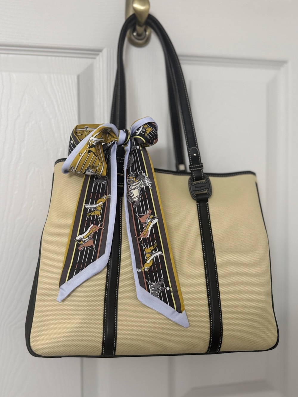 SALE! Salvatore Ferragamo Canvas & Leather Tote | Beige Black Shoulder Bag Italy